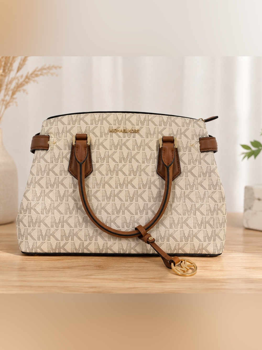 Michael Kors Cream Logo Satchel with Brown Leather Trim and Gold Hardware